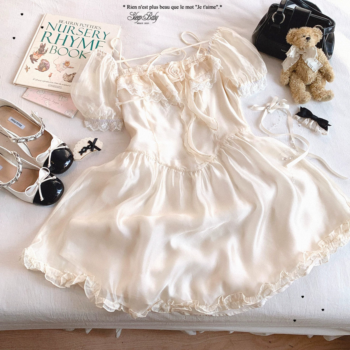 Last-Call lrgy Layered Lace 3D Rose Off-Shoulder Puff Sleeve Princess Dress