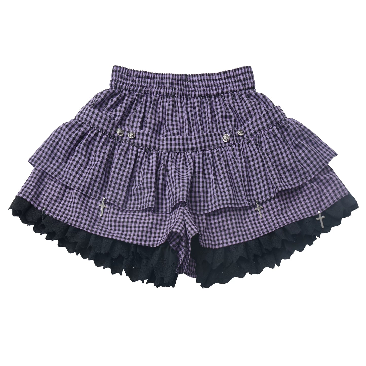 Ready Stock & Fast Shipping 【Interwoven Dreamscape】 Purple Grid Summer Waist-Cinching Color-Block Slimming Cute Short-Sleeve Two-Piece Set