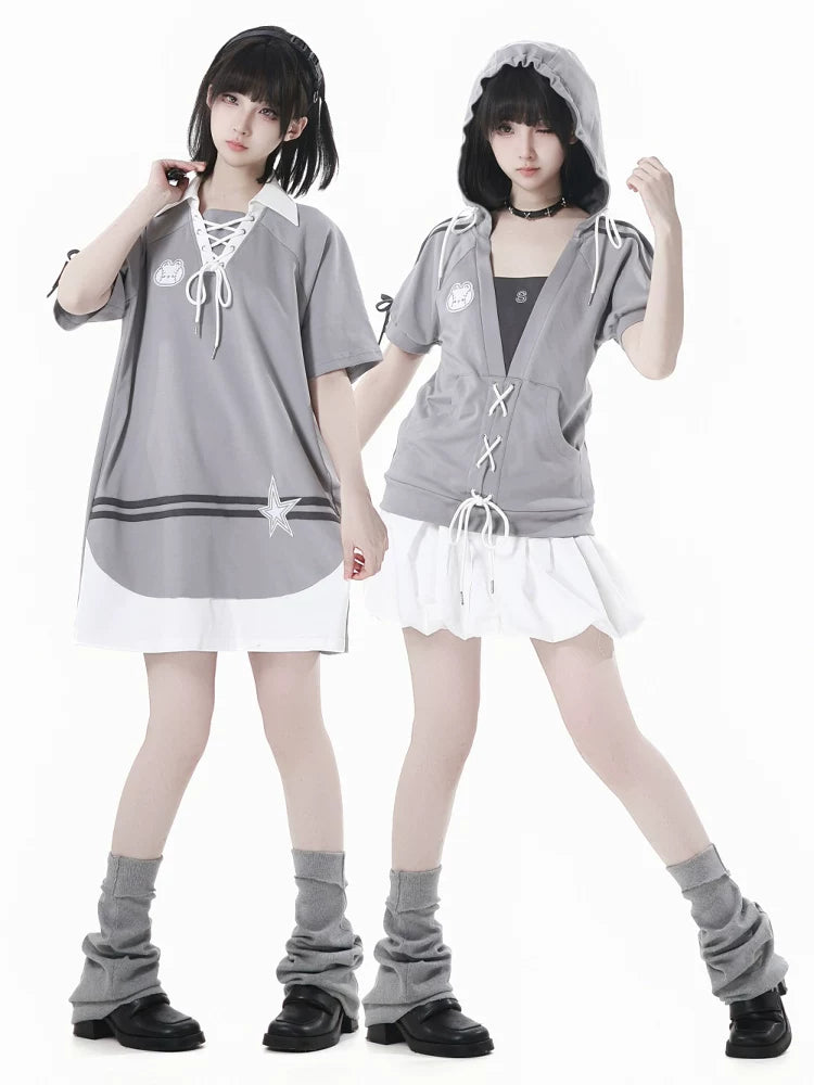 PinkSavior 【Cute Bunny Pitcher】 Grayish Summer Ballgown Dress Outfit with Ruffles, Drawstring Waist and Bow-Tie Belt
