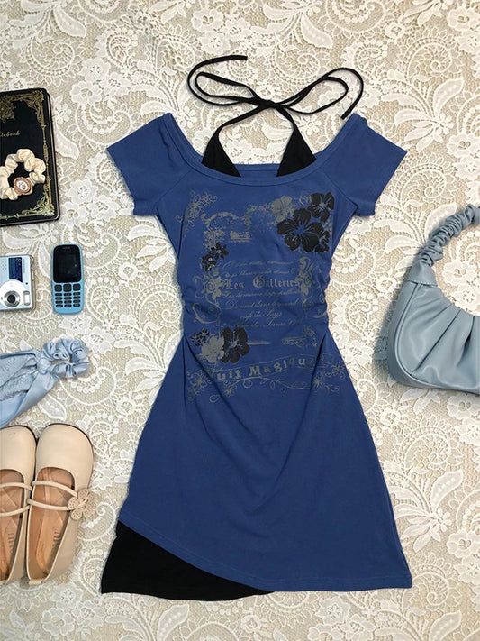 Blue Halter “Two-Piece” Style Dress for Women, Summer Vintage-Inspired Vintage Look Bodycon Skirt