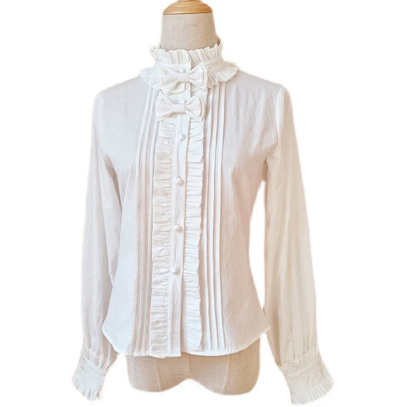 Winter Cotton Lolita Blouse White Long Sleeve Stand Collar Shirt