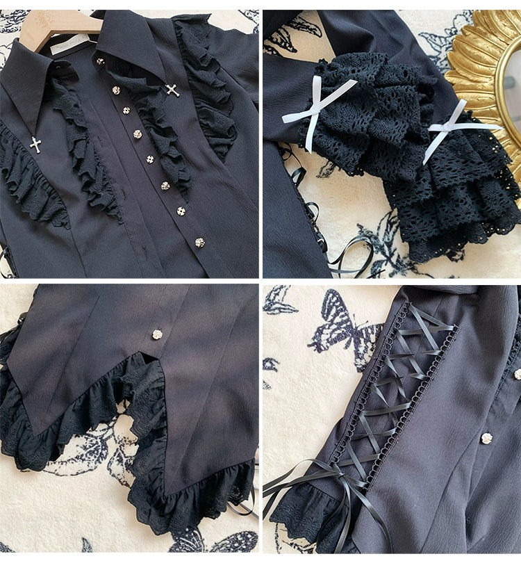Gothic Lolita Blouse Black White Waist-Tie Shirt