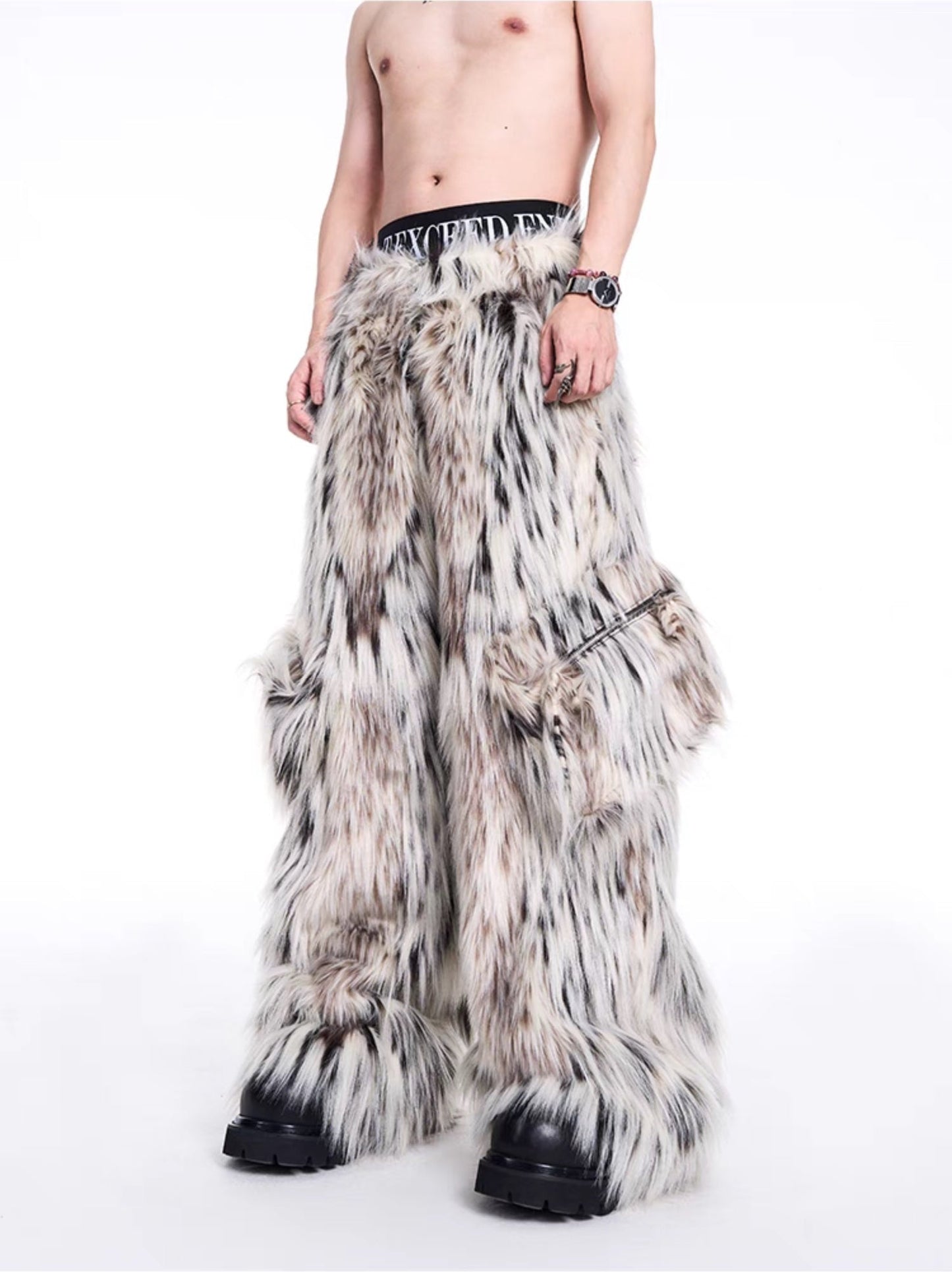 Leopard Fake Fur Jacket & Wide-Leg Fake Fur Pants Setup