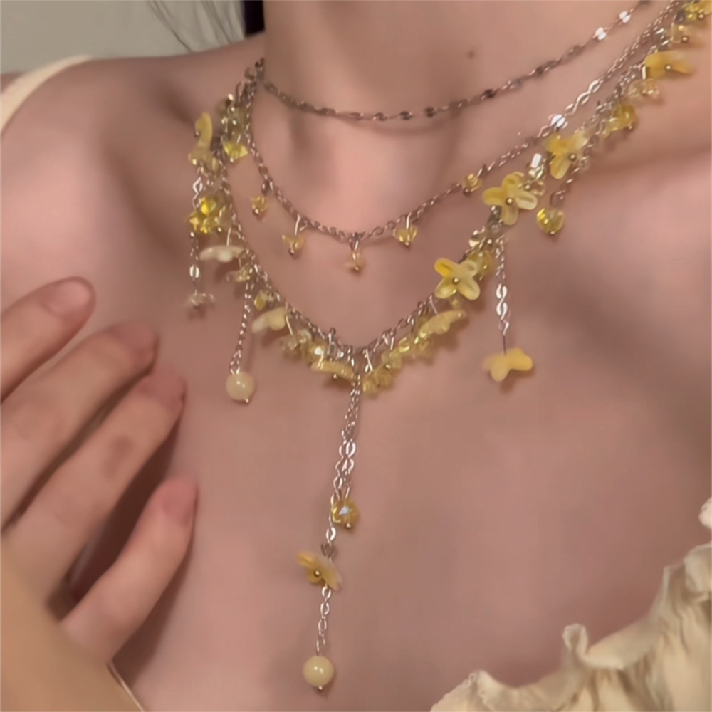 zoozmomo Yellow Crystal Flower Beaded Tassel Necklace for Women, Elegant Choker Collarbone Necklace