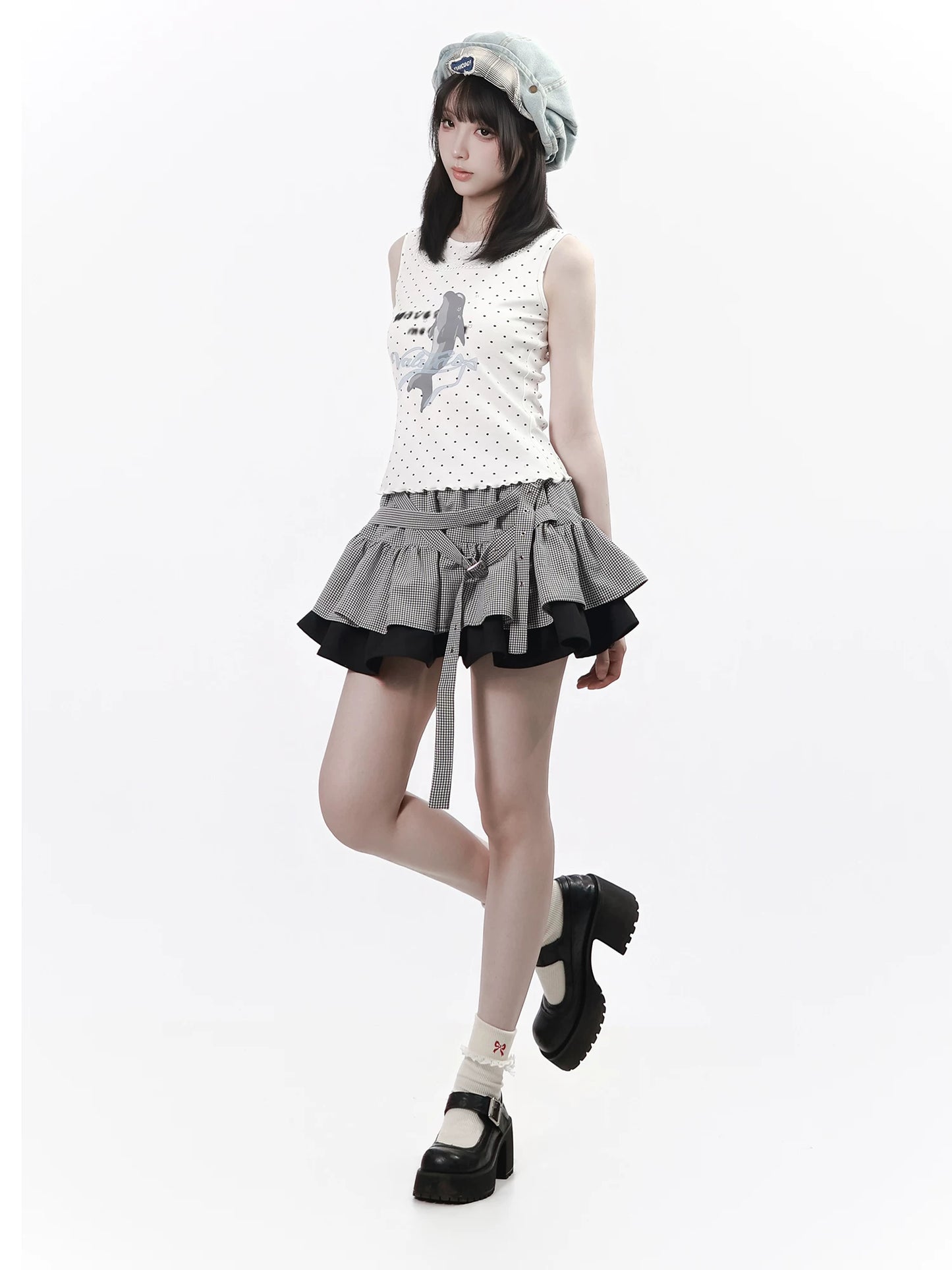 【Dolphin Radio】 Summer Sleeveless Vest, Soft Cotton Plaid Skirt as Sun-Protective Shirt