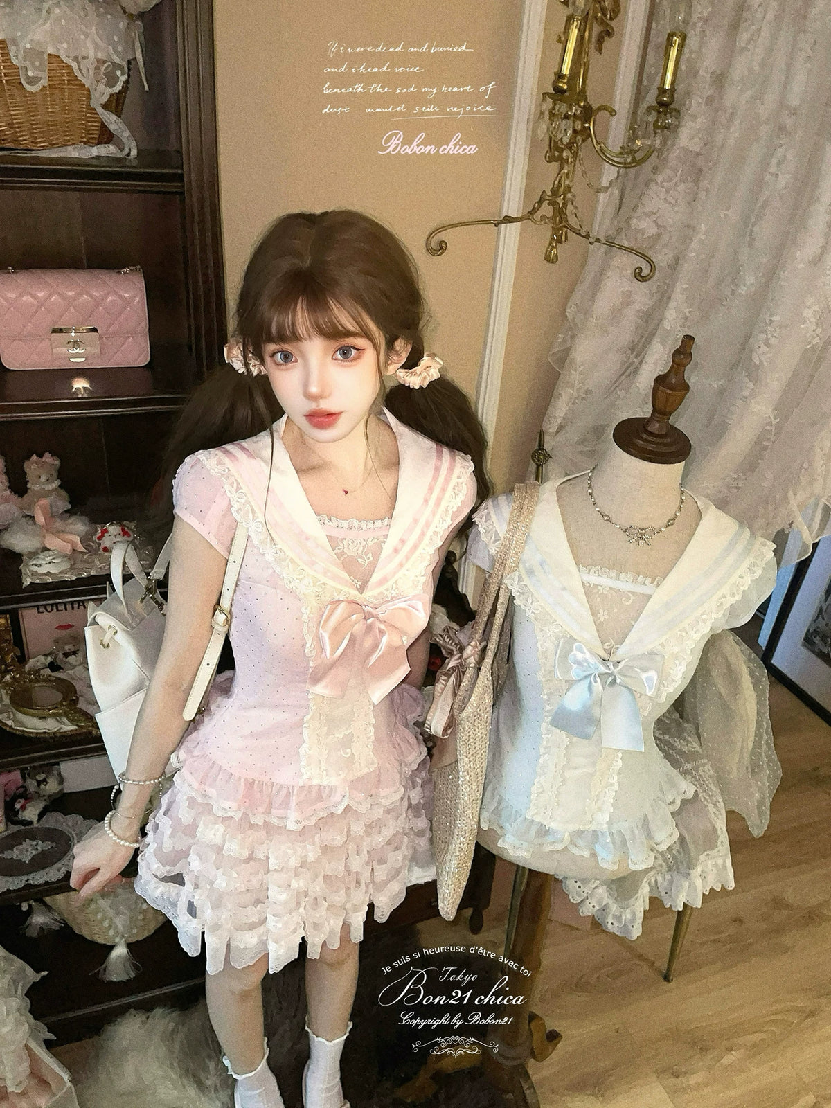 Rima Bobon21 Idol Sailor Sparkling Navy-Style Chiffon Top T2409