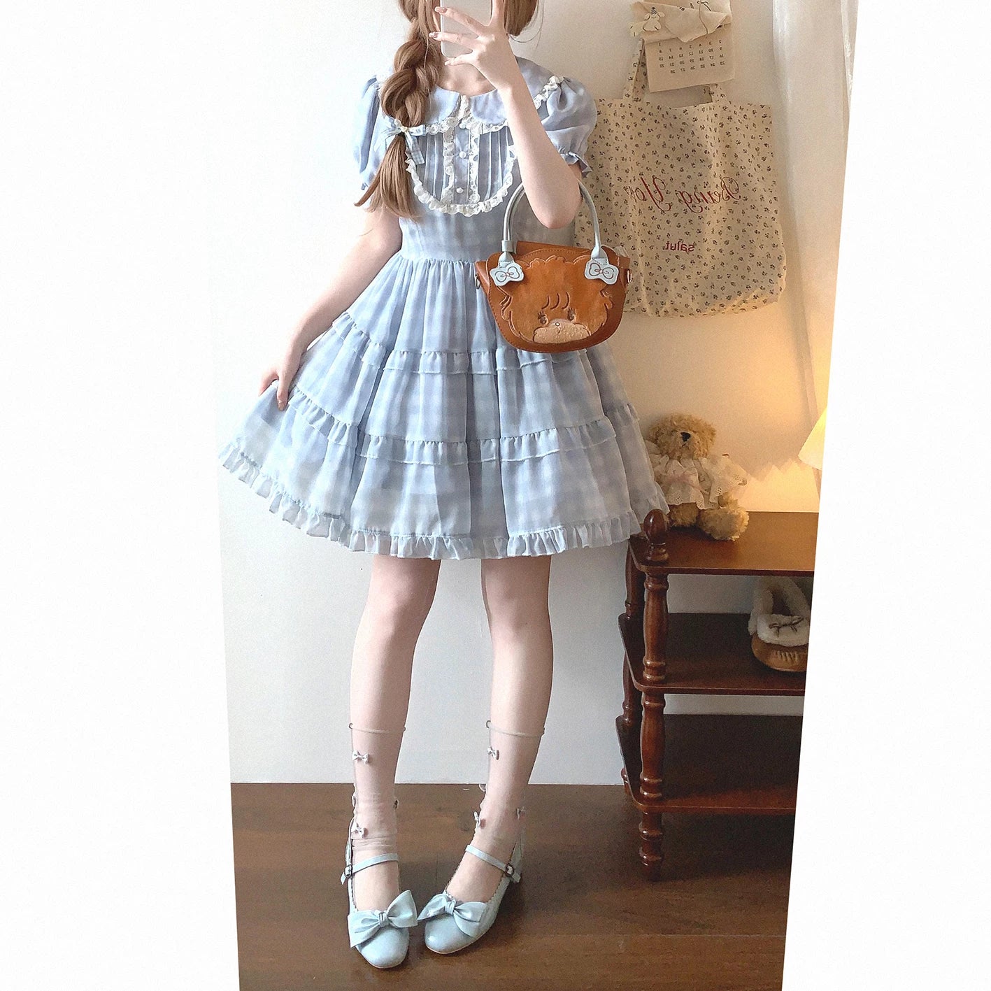 sleepingdoll Handmade Cute Lace Peter Pan Collar Doll-Style Cake Dress Plaid Bubble Sleeves