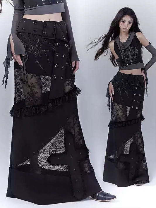 Lace stitching dark low slim straight skirt