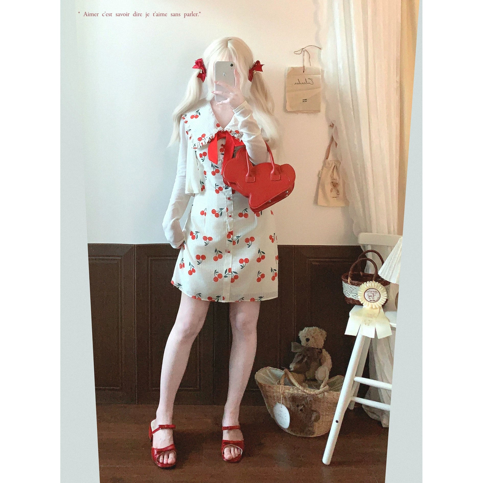 Last-Season Sale Cherry Print Gingham Retro Summer Cute Bow Cinched Waist Dress*