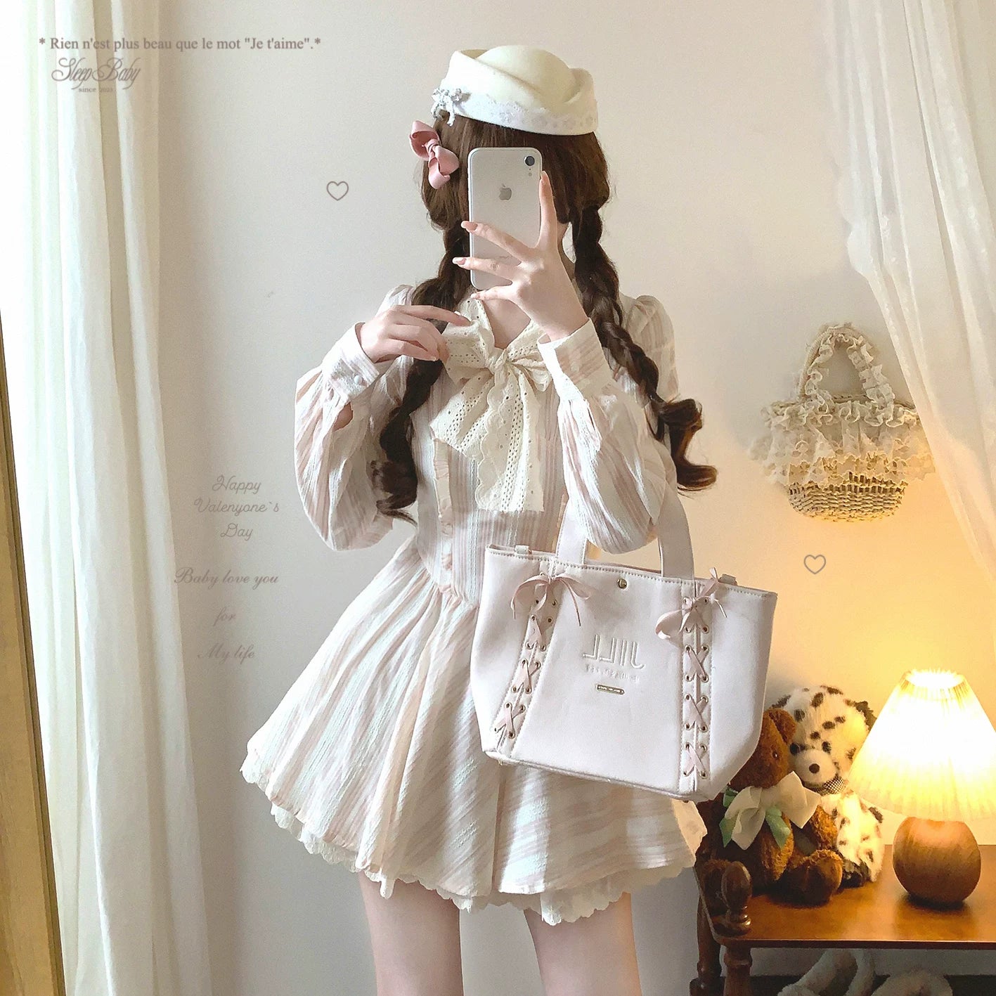 Final-stock Pure-Desire Style Sweet Vintage Lace Tie Bow Striped Patchwork Ruffle-Trim Dress