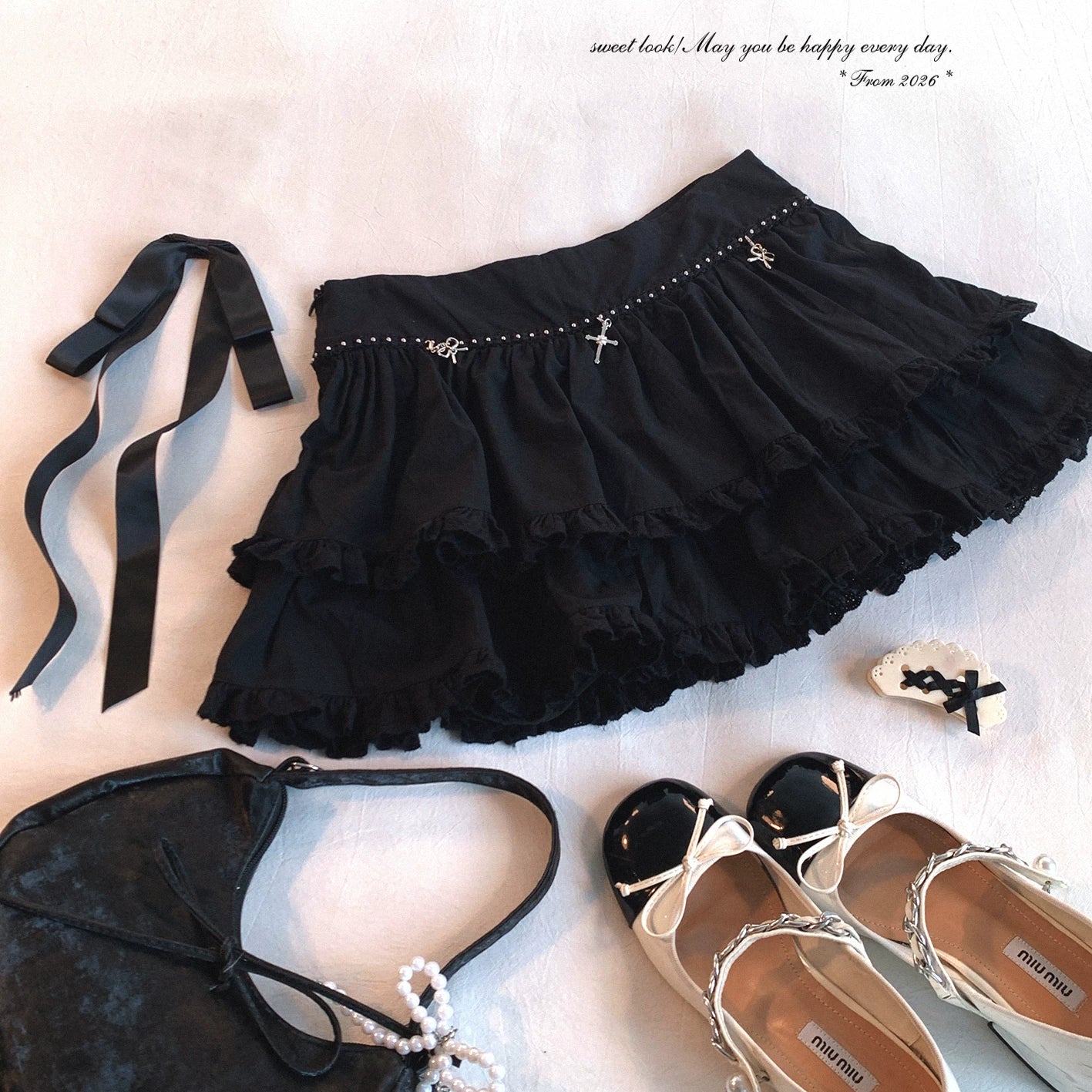 Last-Season Deal Bow Cross Pendant Sweet & Cool Cake-Style Midi Skirt with Frilly Ear-Edge Hem