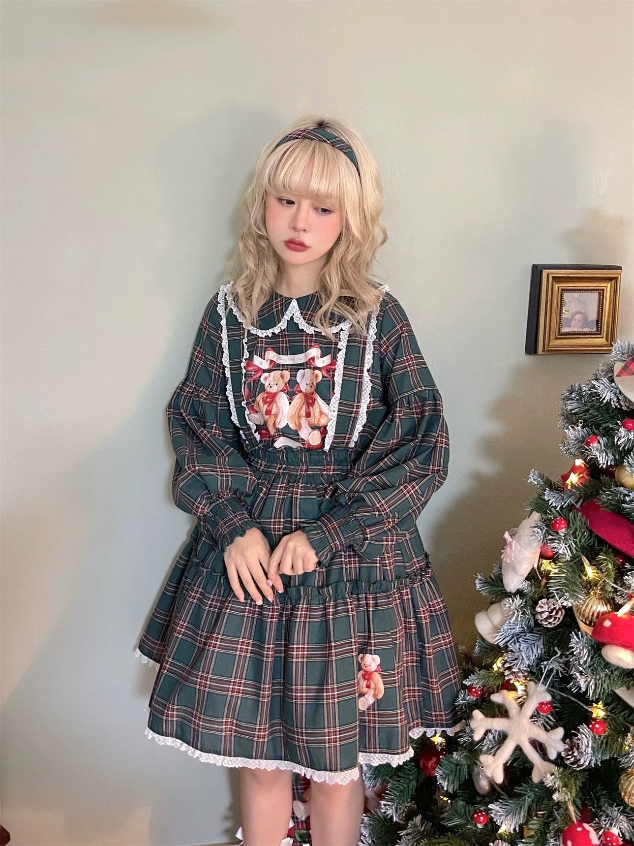 Christmas Vintage Lolita Skirts Doll Collar Blouse Plaid Skirt Set
