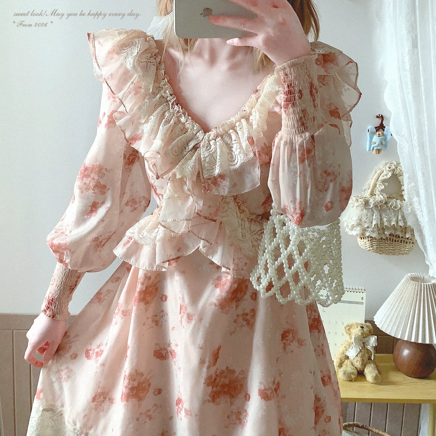 Final Stock yxt* French Vintage Lace Trim Sweet Floral Jacquard Midi Dress