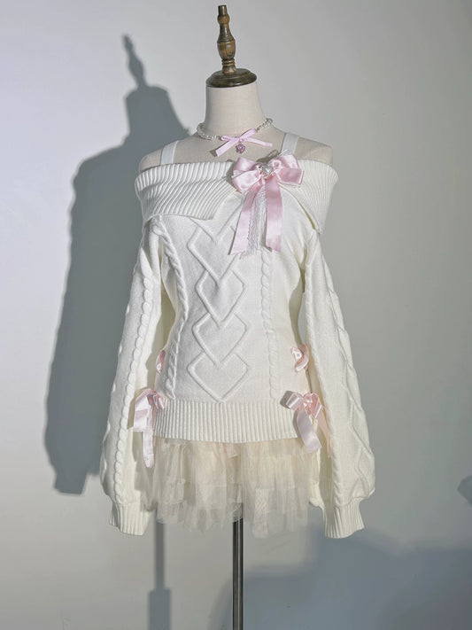 Vintage Bow Off-Shoulder Sweater | Coquette Fitted Knit Top for Women