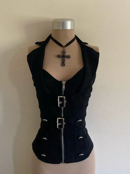 Y2K-Style Black Hollow-Out Halter Slimming Choker Cami Top for Women, Statement Design Boutique-Inspired Sexy Tank