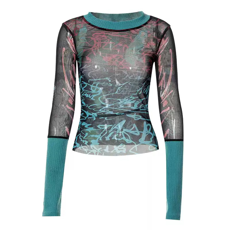 Long-sleeved Mesh Printed Top