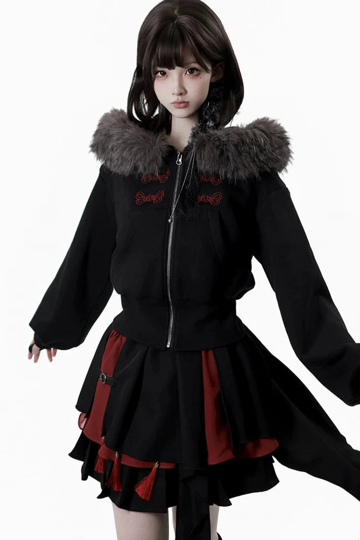 Dark Detachable Fur Jacket + Skirt + Pants