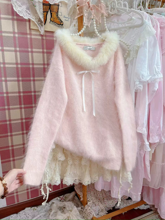 Korean style furry collar pink long-sleeved sweater