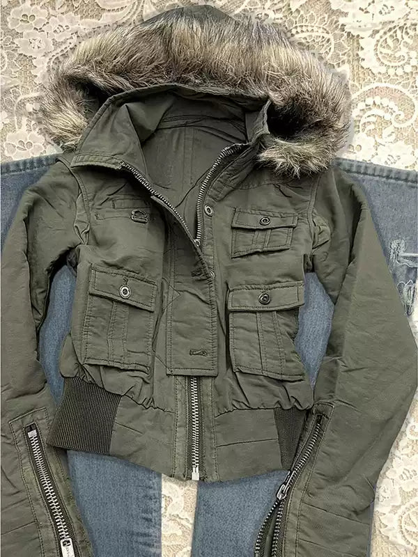 military green hooded jacket