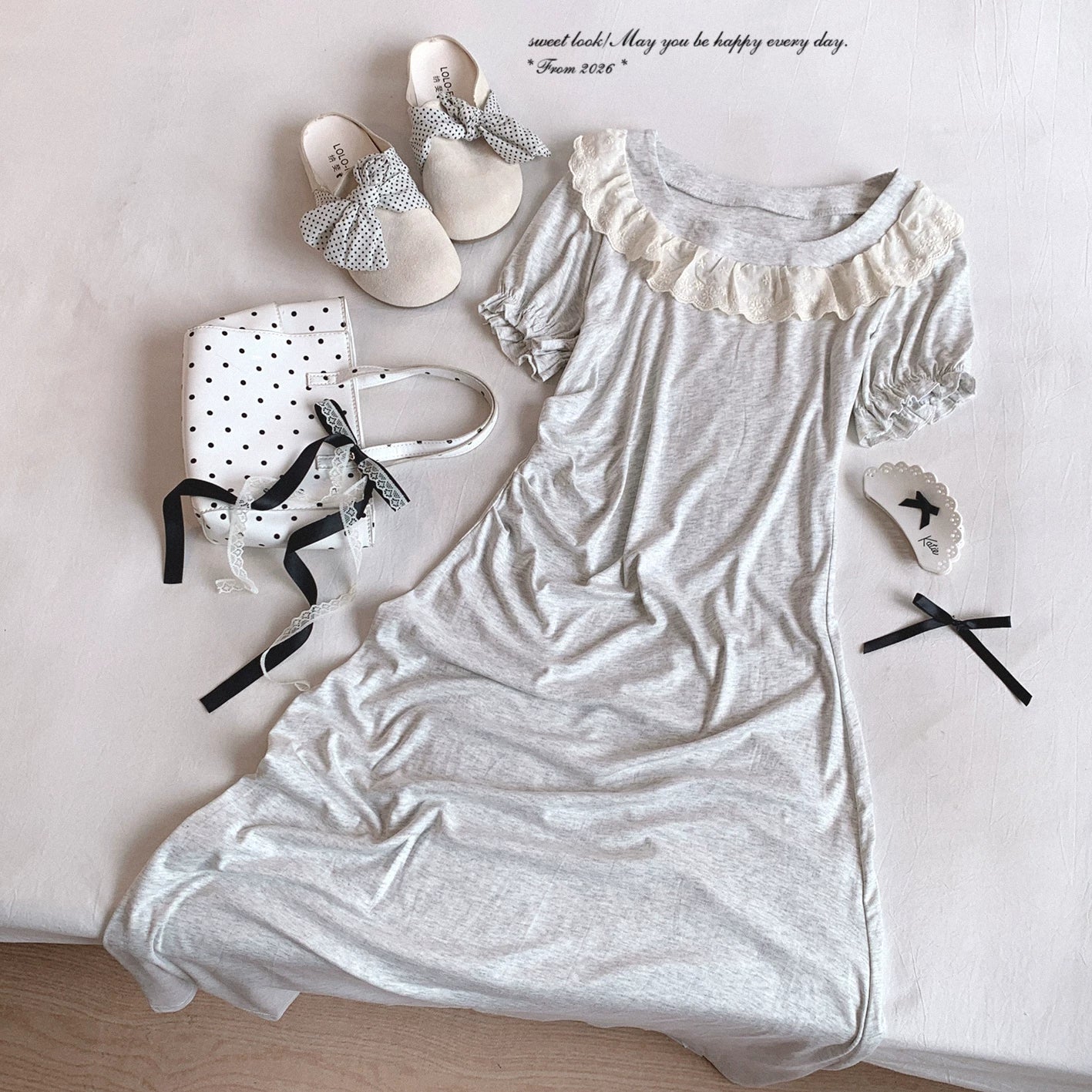 End-of-Season Soft Light Gray Korean Retro Ruffle Lace Long Dress with Short Sleeves*