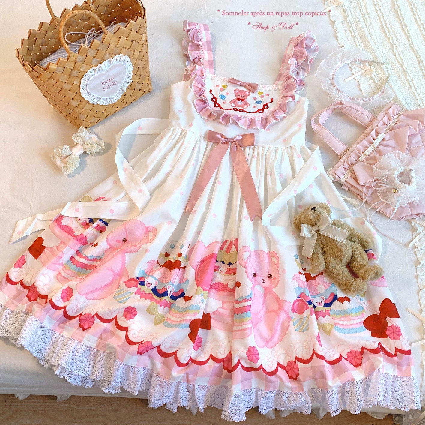Last-chance HGL Vintage Checkered Puff-Sleeve Embroidered Drool Bib Sweet Dessert Bear Polka-Dot Cami Dress