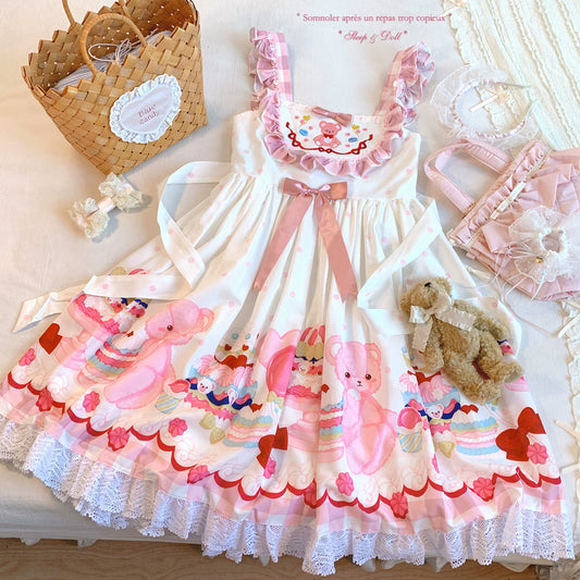 Last-chance HGL Vintage Checkered Puff-Sleeve Embroidered Drool Bib Sweet Dessert Bear Polka-Dot Cami Dress
