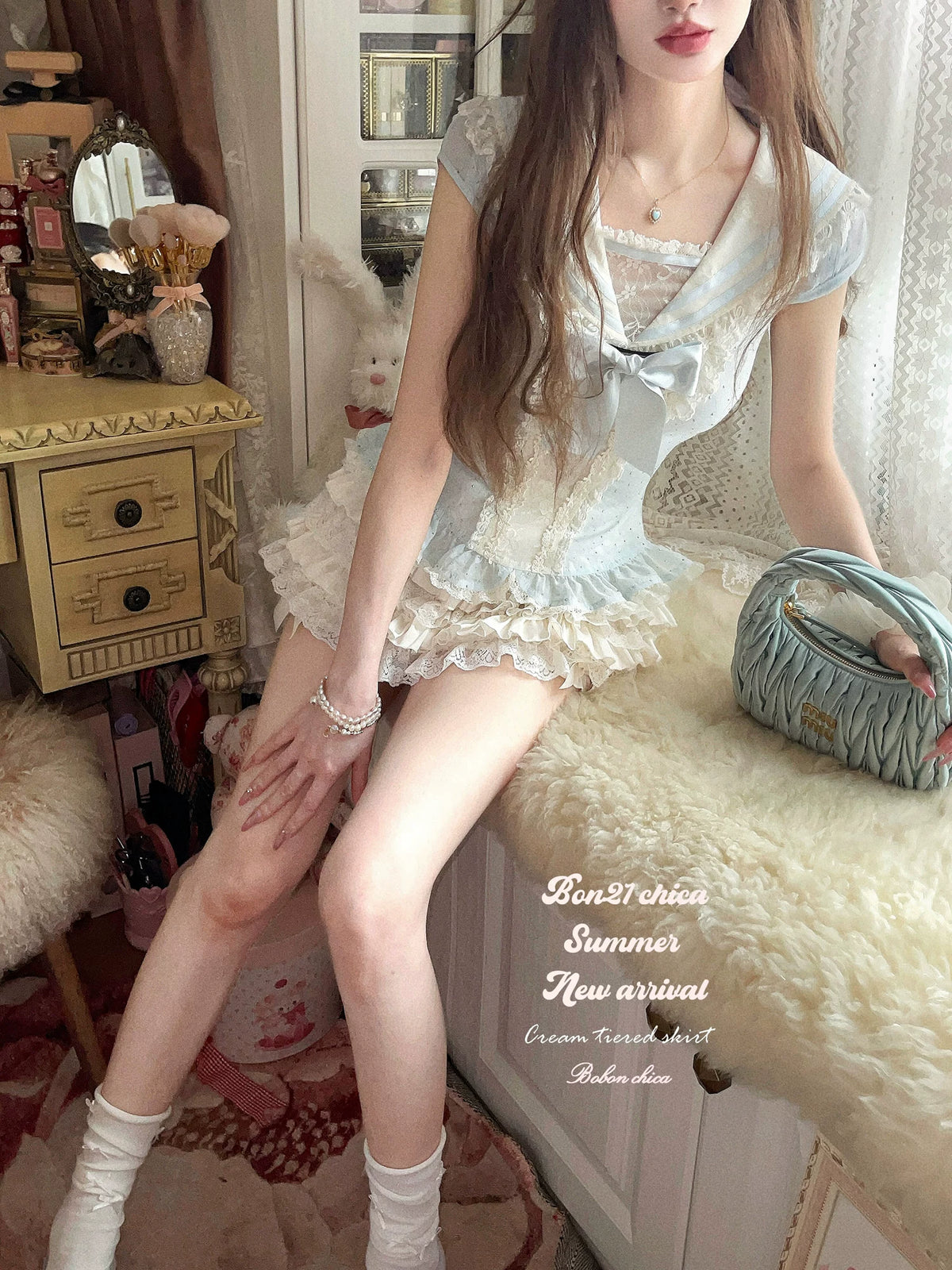 Rima Bobon21 Idol Sailor Sparkling Navy-Style Chiffon Top T2409