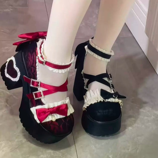 Sweet &amp; Cute Lolita Heels for Women, Lace Round-Toe Mary Jane Platform Pumps with Chunky Heel
