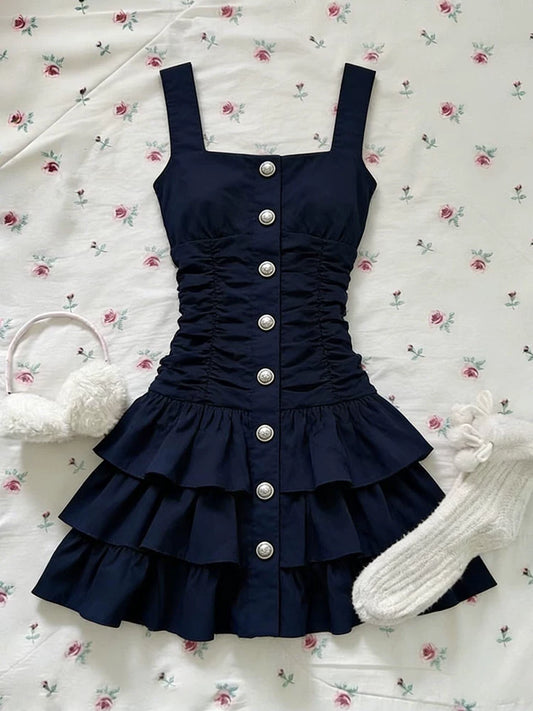 Blue Waist-Defined Slimming A-Line Cami Dress for Women, Fresh & Sweet Summer Style