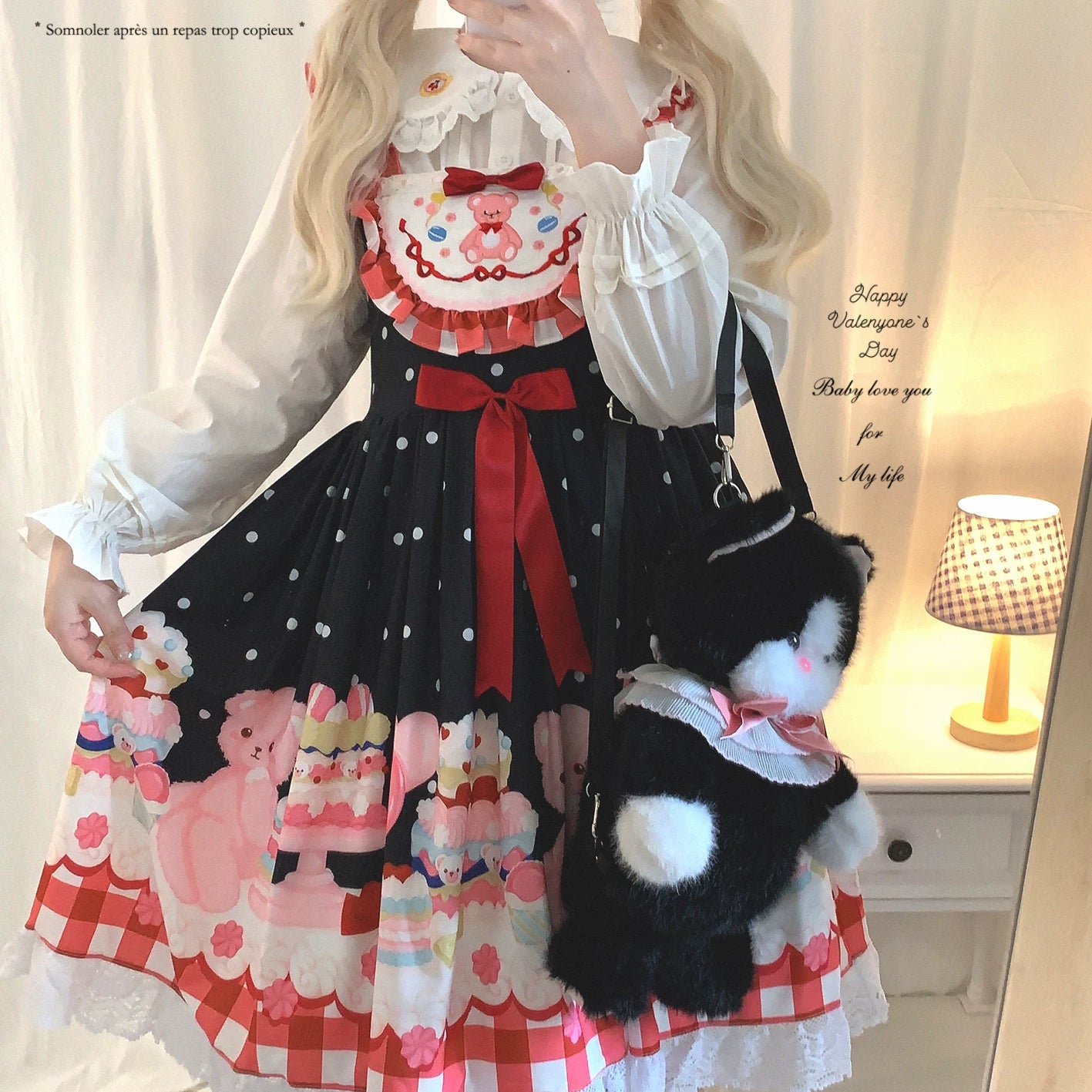 Last-chance HGL Vintage Checkered Puff-Sleeve Embroidered Drool Bib Sweet Dessert Bear Polka-Dot Cami Dress