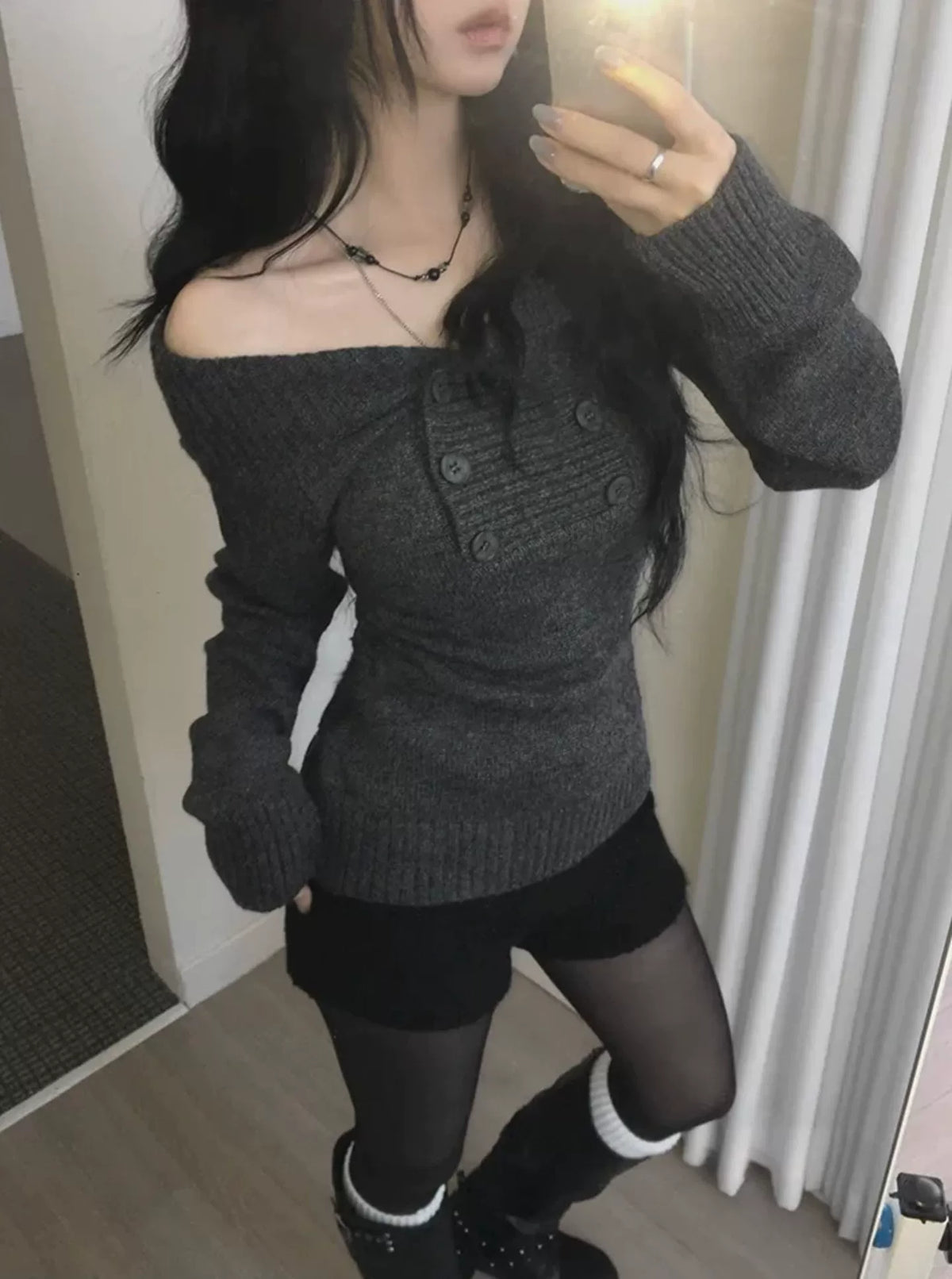 Women’s Ribbed Turtleneck Sweater | Korean-Inspired One Shoulder Knit Top with Double Button Detail