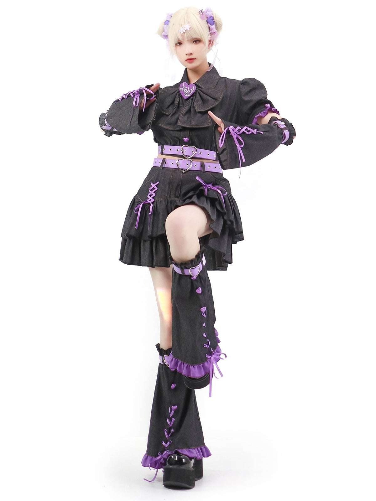 Y2K Sweet Girl Kos Plan Setup 4 -piece Set Black purple (no belt)