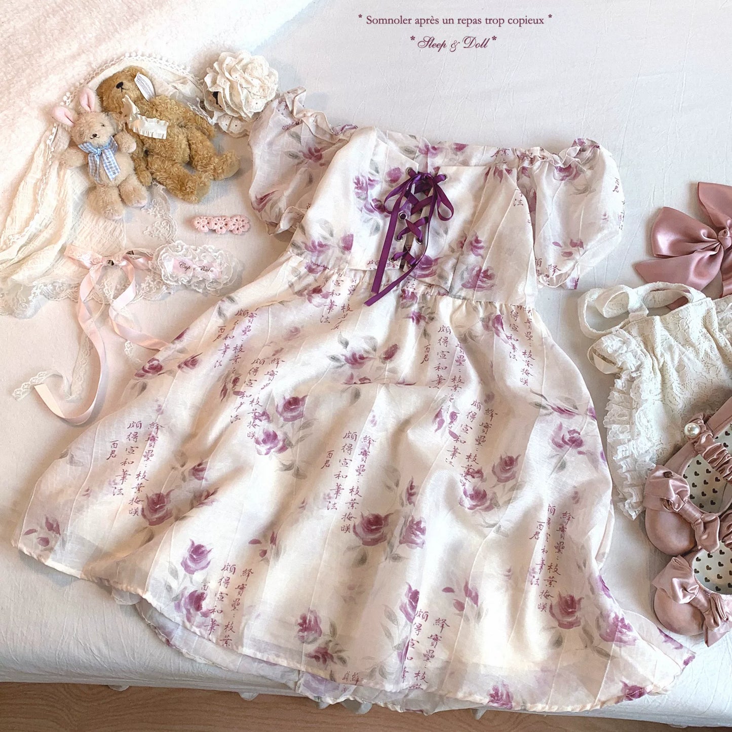 Last-Season Deal Rose-Purple New Chinese-Style Retro Watercolor Ink Floral Print Tie-Back Puff Sleeve Dress *f