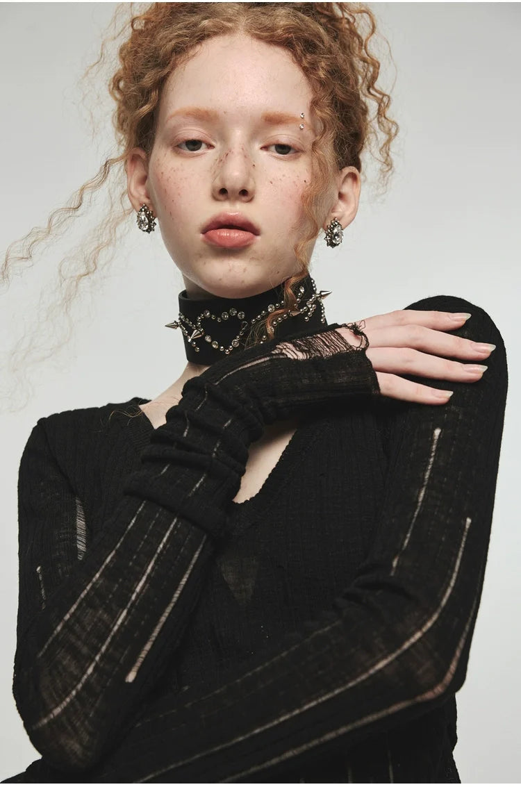 Hollow-Out V-Neck Thin Cardigan With Distressed Waist Knit Top