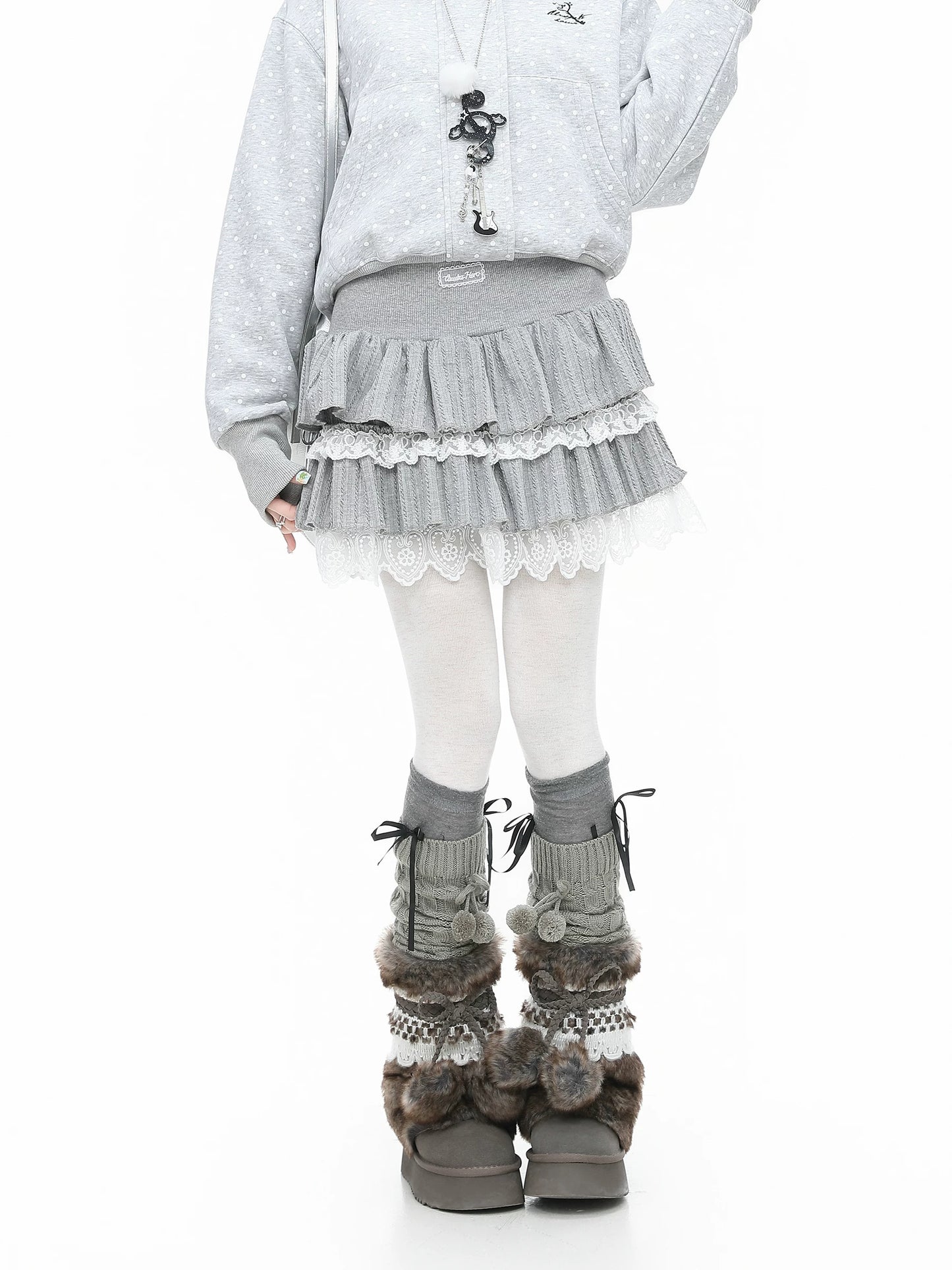 Blue Ghost Park Languid Park Lace Puffy Cake Dress for Women, Grey A-Line Elastic Waist Short Skirt