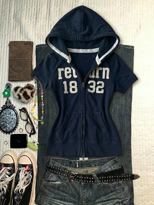 Original Blue Letter Hooded Short-Sleeve Sweatshirt Jacket for Women—Early Spring Vintage, Tapered Fit, Stylish Specialty Look