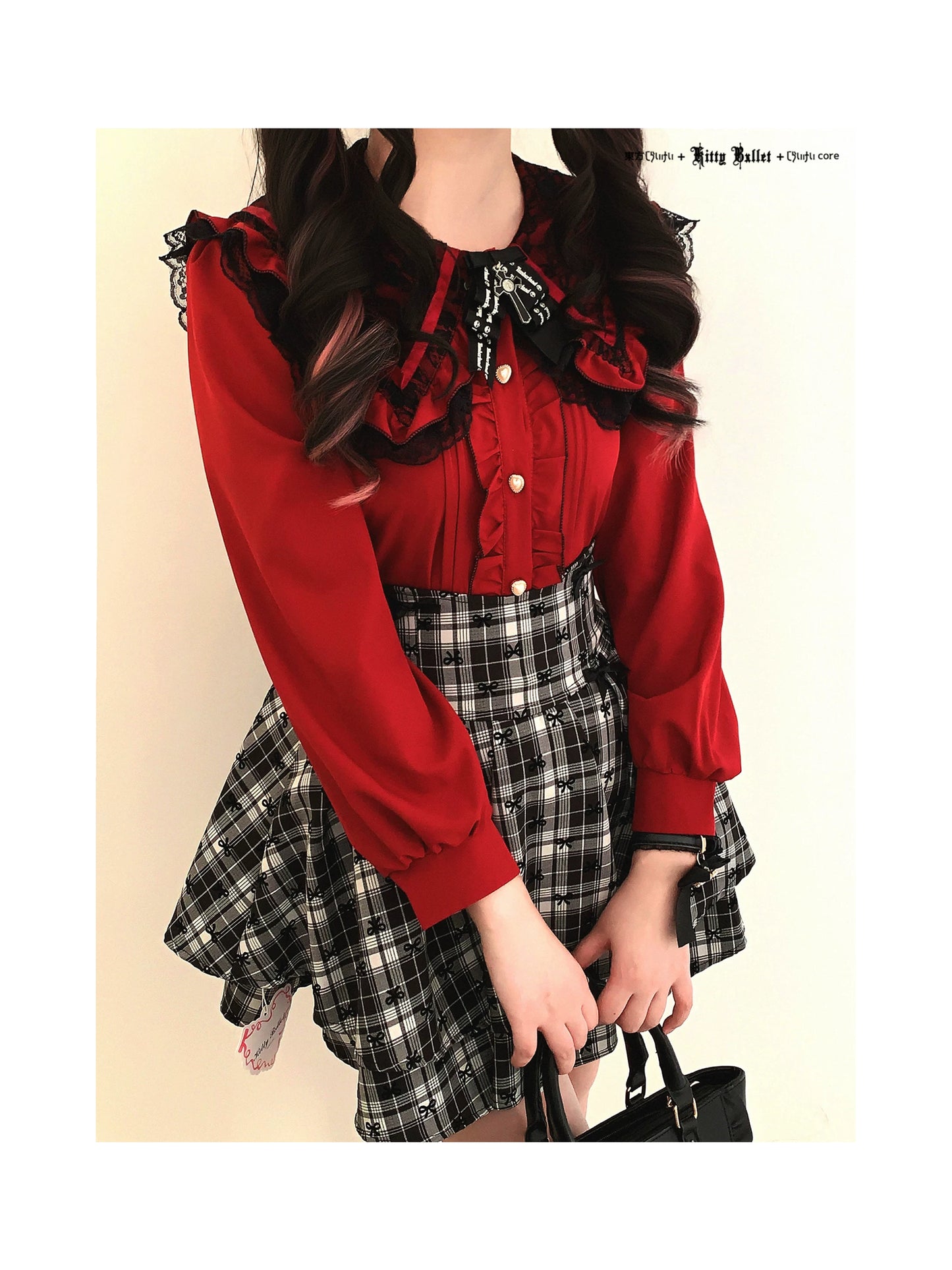 KittyBxllet Original “Lace Revolution” Tie-Strap Off-Shoulder Chiffon Top with Lace Ruffle Hem Long Sleeves