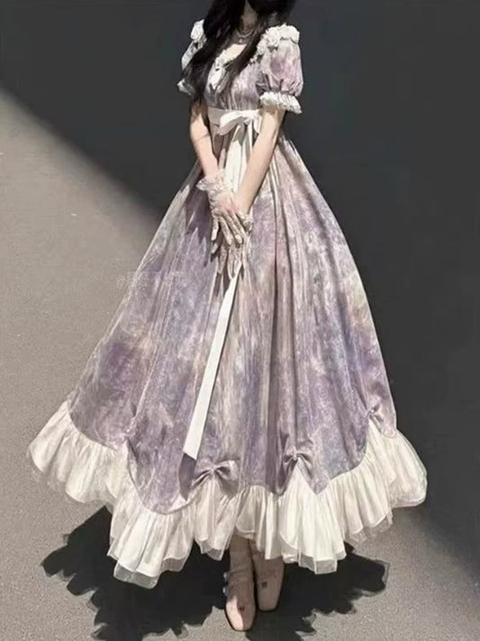 Purple Oil Painting-Style Empire Corset Long Dress with Bowknot for Women, Vintage Courtly Lolita-Inspired Dress, Elegant Empire Regency Lolita Dress