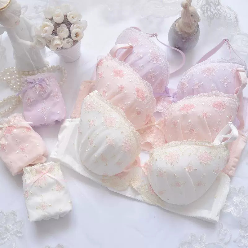 Coquette Embroidered Lingerie Set | Seamless Thin Cup Bra & Panty Set for Women