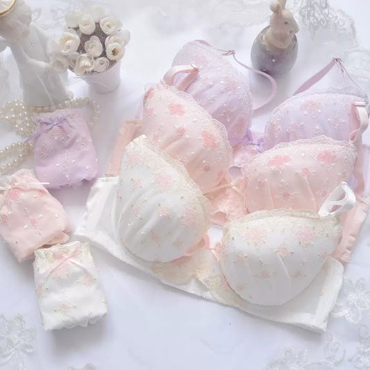 Coquette Embroidered Lingerie Set | Seamless Thin Cup Bra & Panty Set for Women