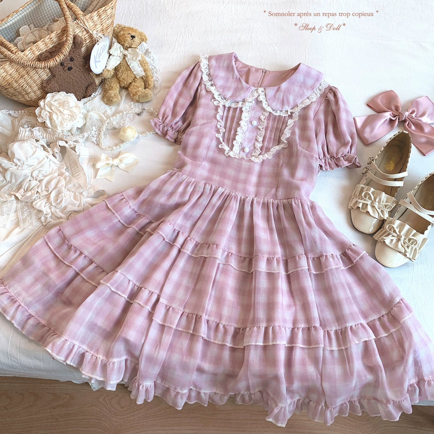 sleepingdoll Handmade Cute Lace Peter Pan Collar Doll-Style Cake Dress Plaid Bubble Sleeves