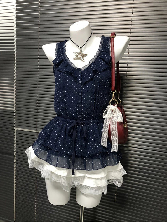 Blue Vintage Polka Dot Retro Chic Sleeveless Blouse—Summer Pretty Trendy Top