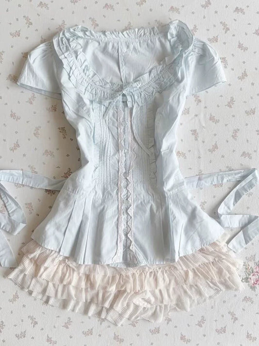 Gothic Rose Original Blue Vintage Doll Collar Bow Tie Short Sleeve Shirt for Women, Summer Lightweight Puff Sleeve, Sweet Style