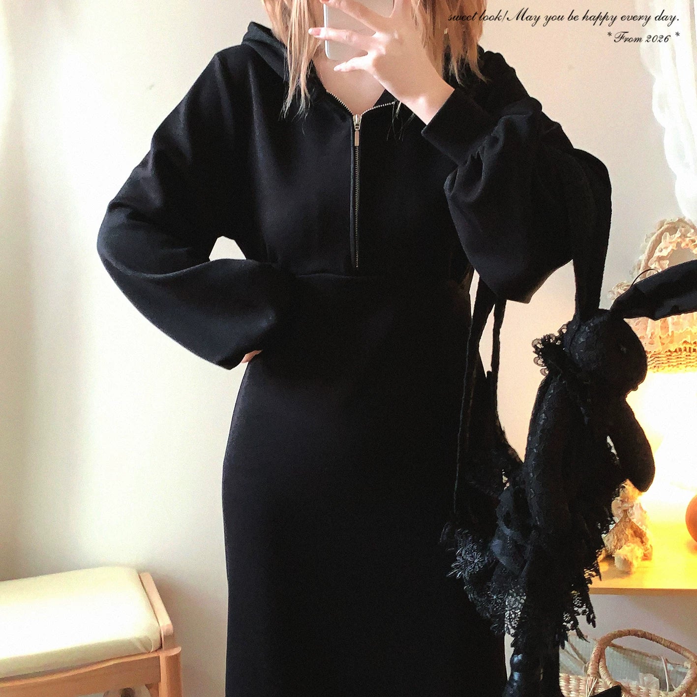 Last-Stock GR* Solid Color Minimalist Hooded Sweatshirt Dress, Casual Everyday, Versatile Zip-Front Dress