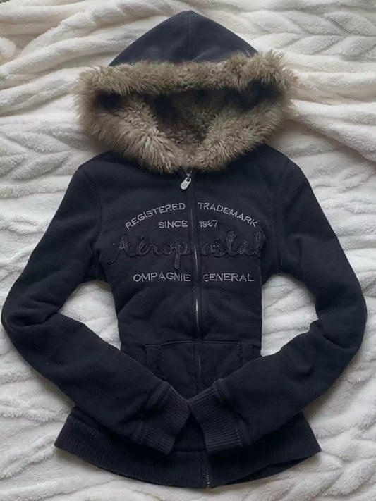 Black velvet hooded letter sweatshirt jacket