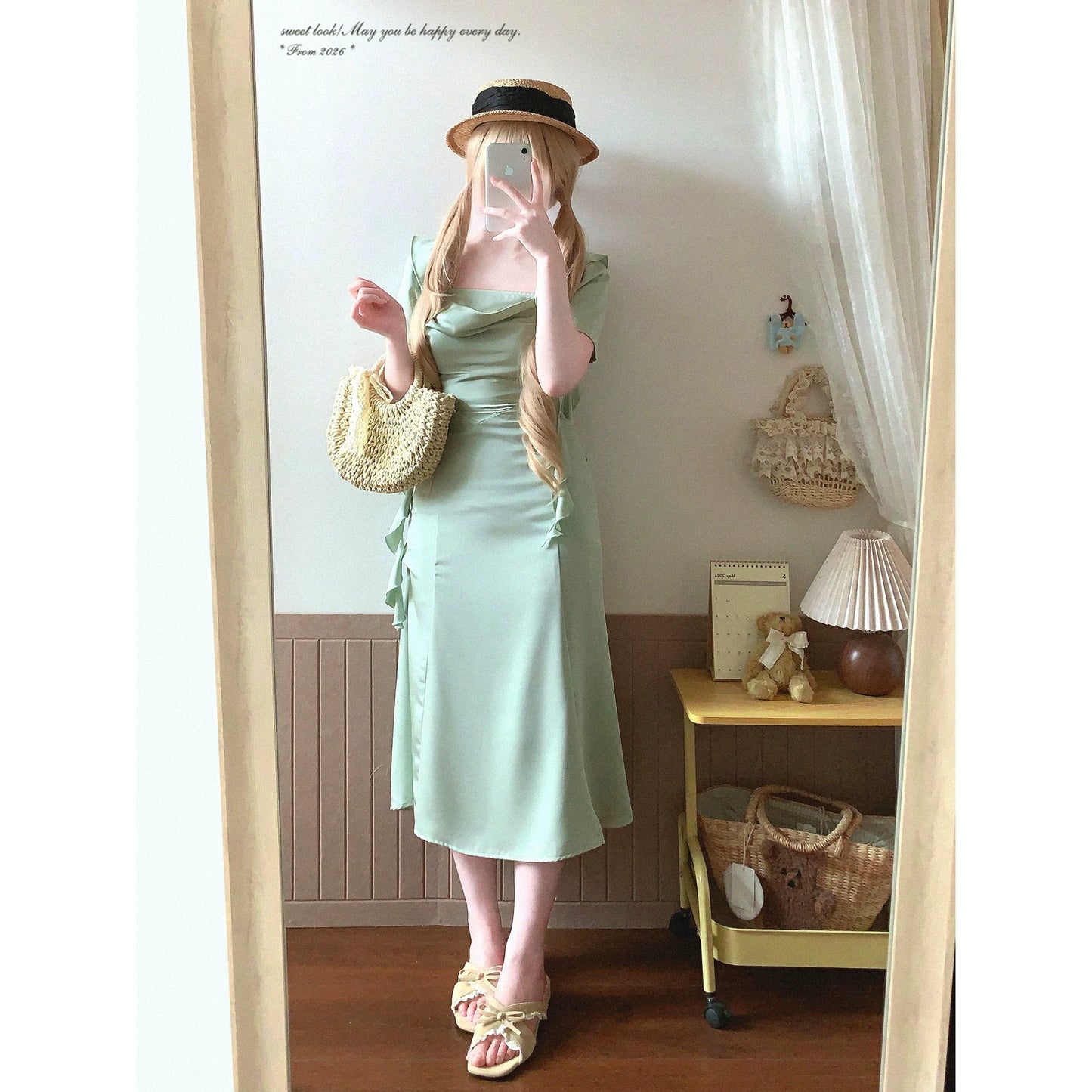 End-of-Season WDD Mint Mambo Elegant Glossy Satin-Feel Contrast-Edge Ruffle Tie-Waist Dress