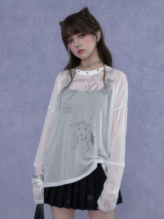 SagiDolls Girls’ Sweet-Gritty Cool Dreamy White Mesh Printed Pullover Hoodie Casual T-Shirt Loose Fit Slimming Sun-Protection