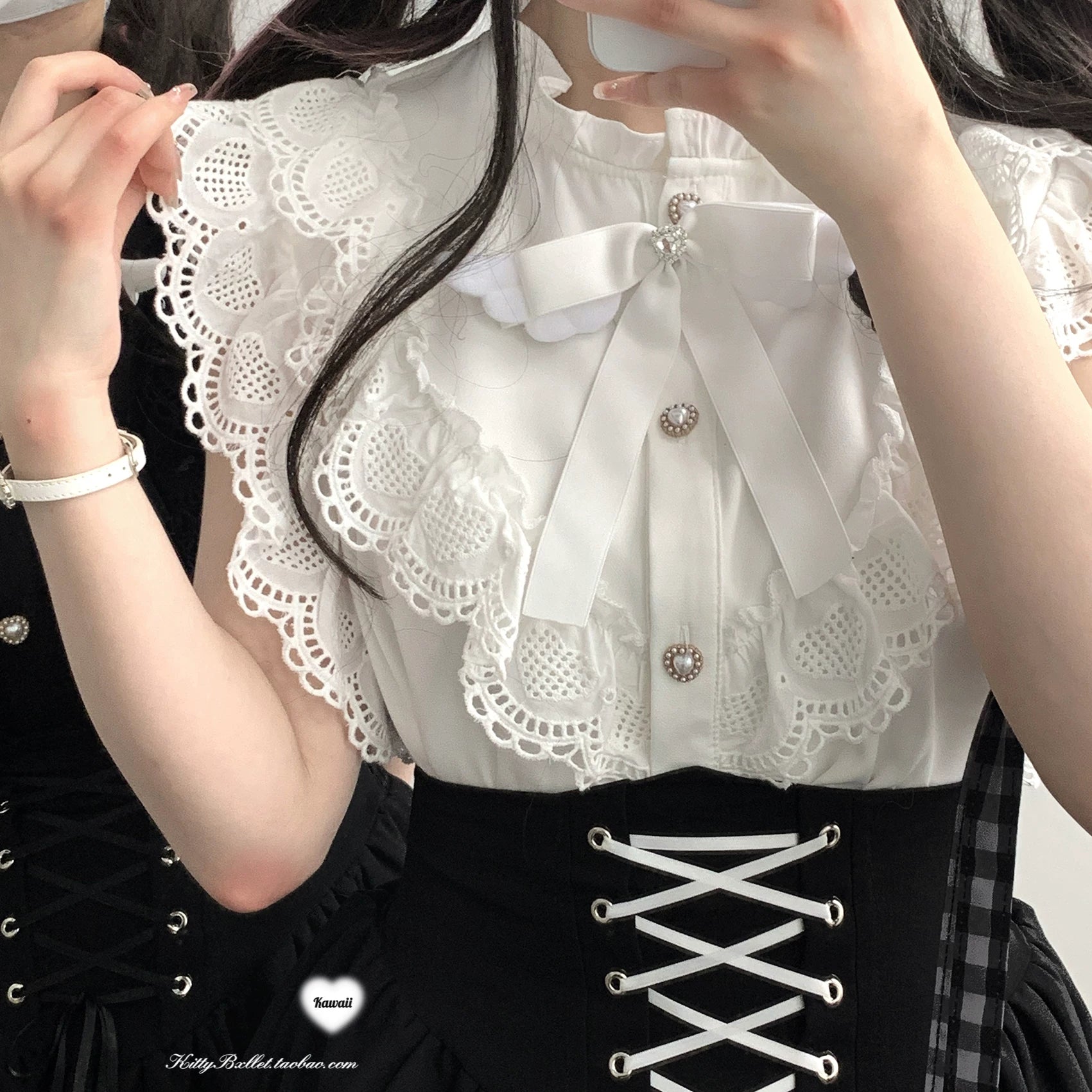 KittyBxllet Original “Girl Fantasy Wonderland” Rara Series—Mass-Produced Lace Sweetheart Mini Stand Collar, Elbow-Length Flutter Sleeves