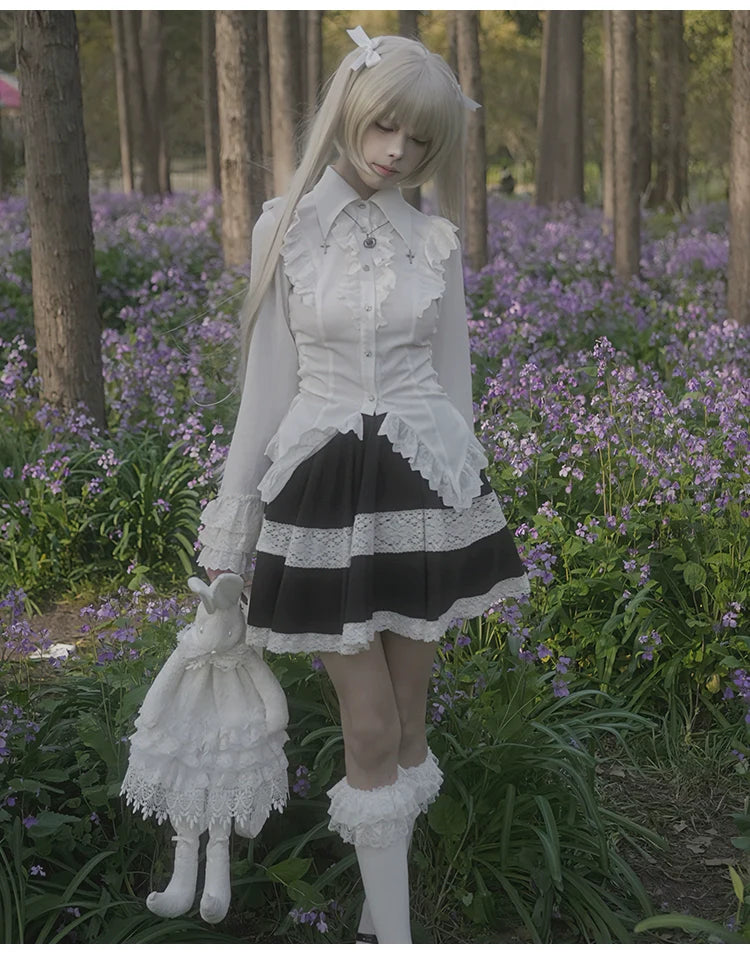 Gothic Lolita Blouse Black White Waist-Tie Shirt