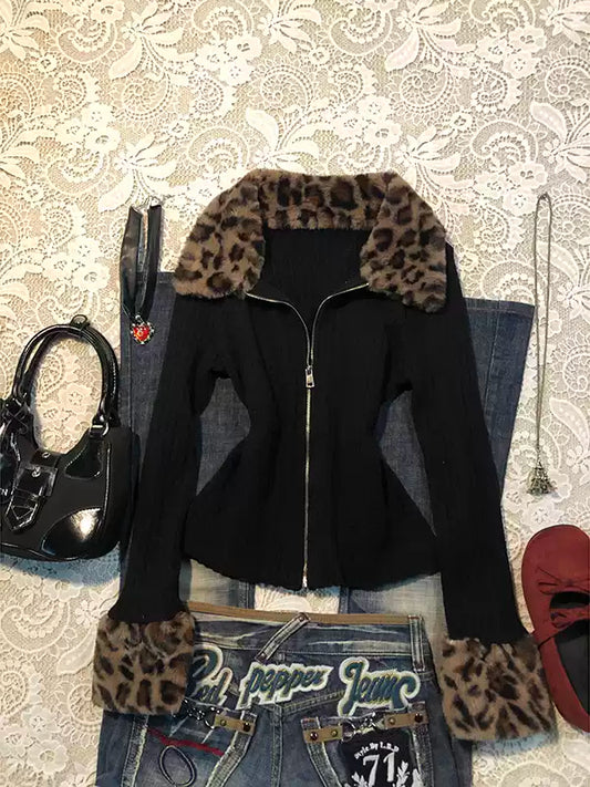 leopard print fur collar knitted cardigan jacket